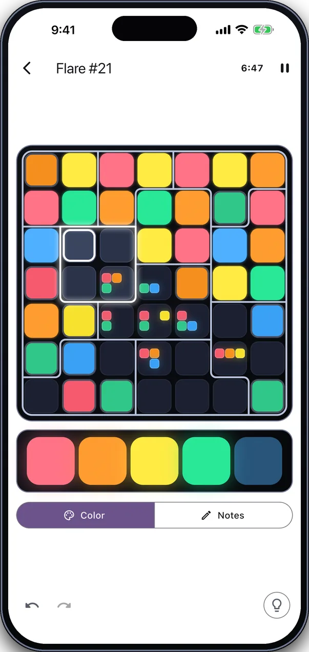 A Chromaru puzzle half lit with glowing colored panes, one empty pane selected