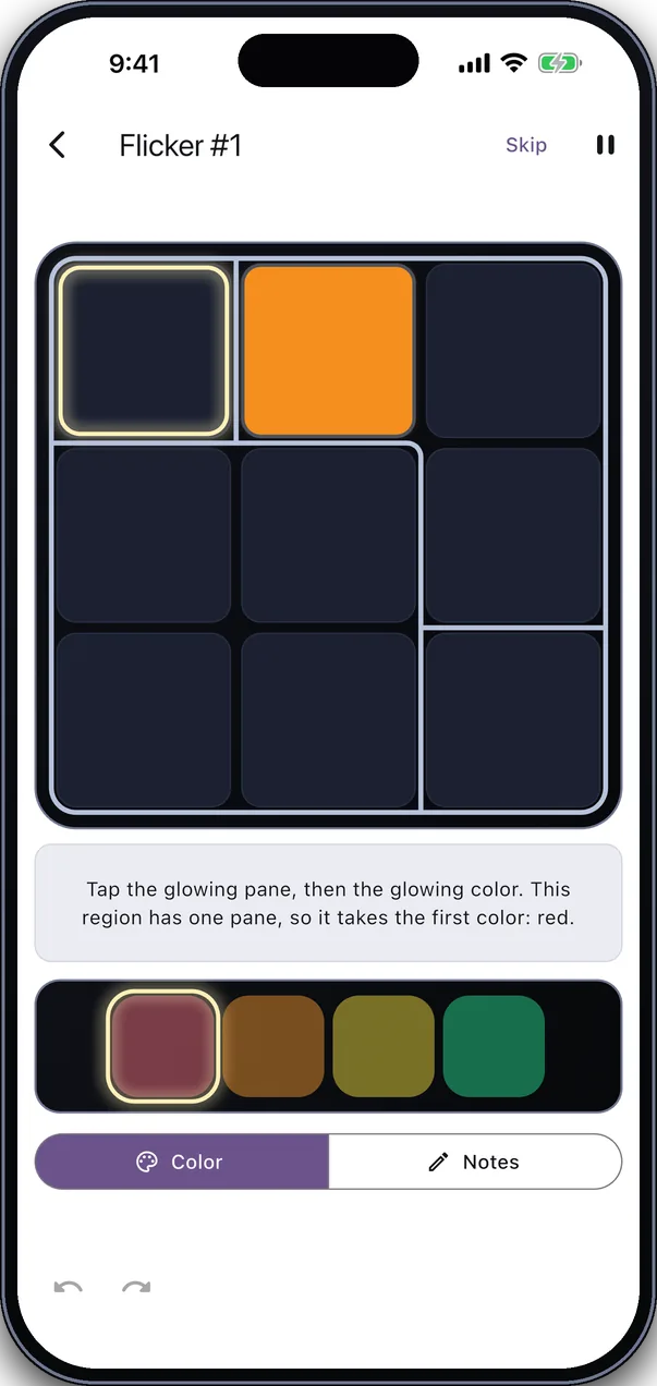 The tiny first board that teaches the rules, with the pane and color to tap glowing