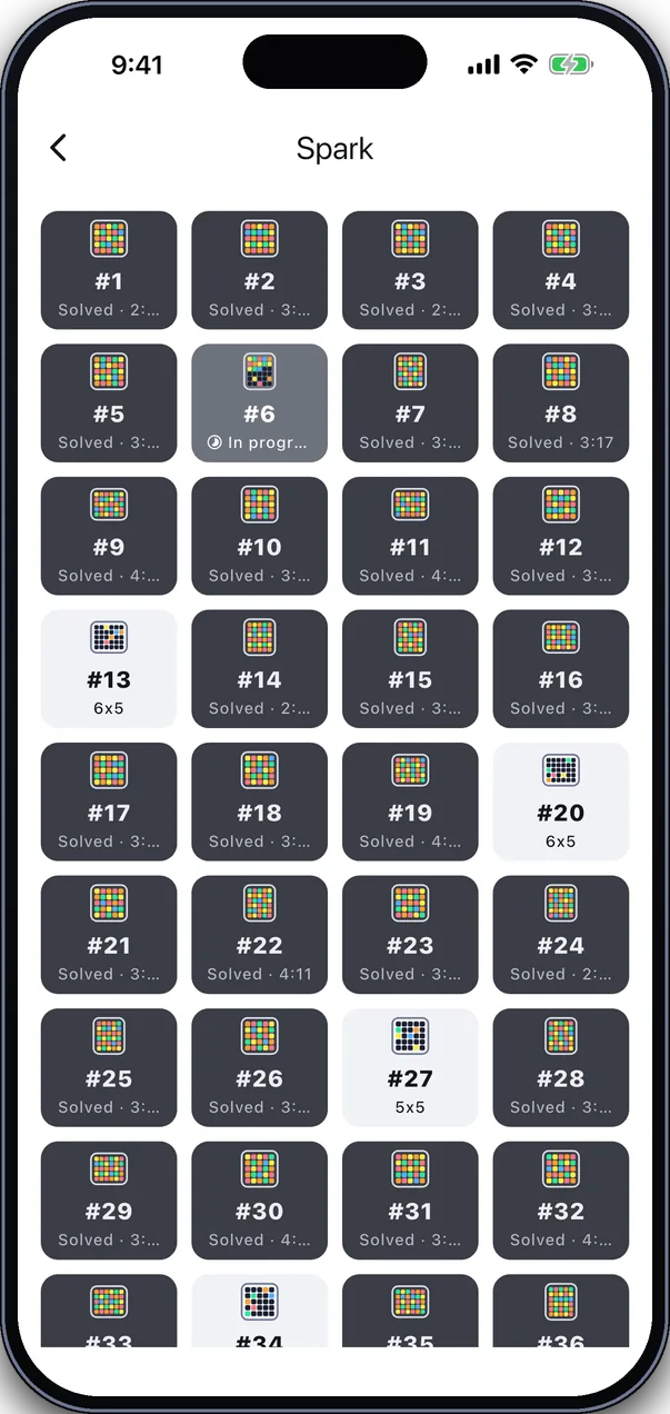 A list of Spark puzzles, most solved with best times, one in progress