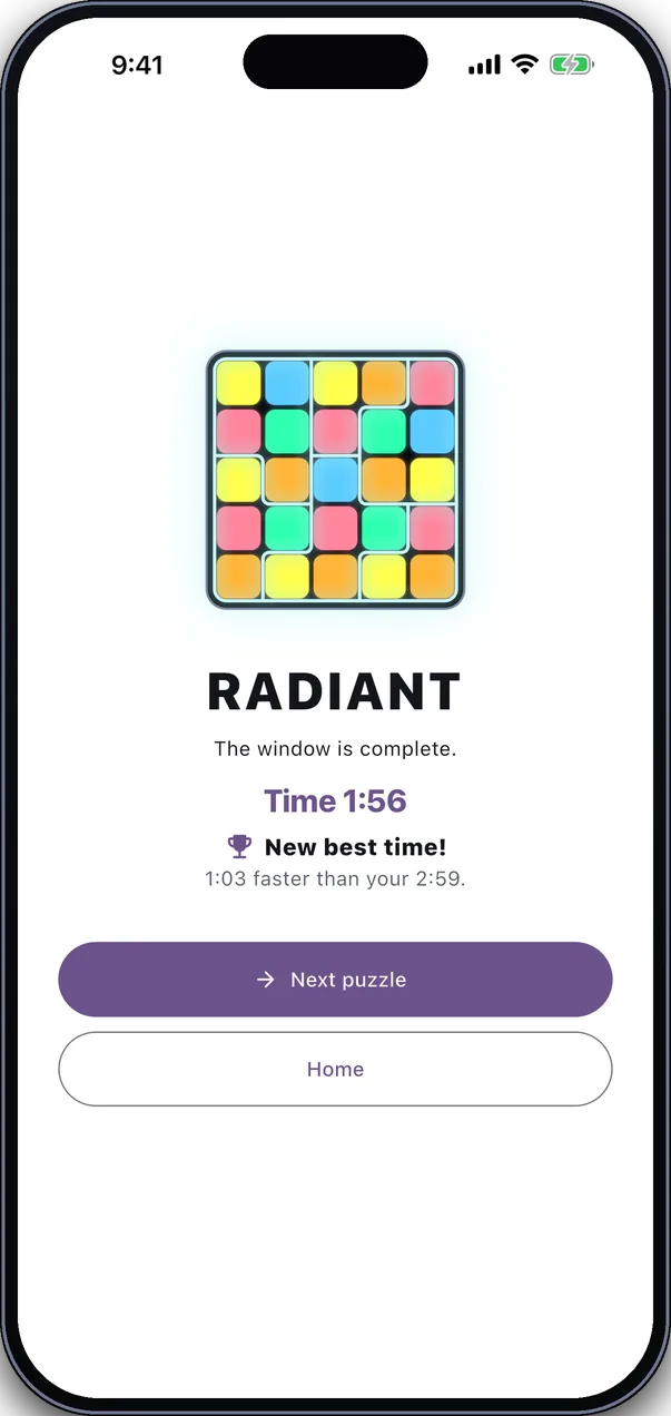 A finished window glowing in full color, with a new best time