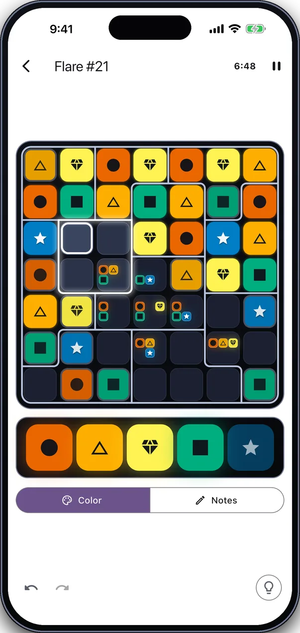 A puzzle with the color-blind friendly palette and a symbol on every pane
