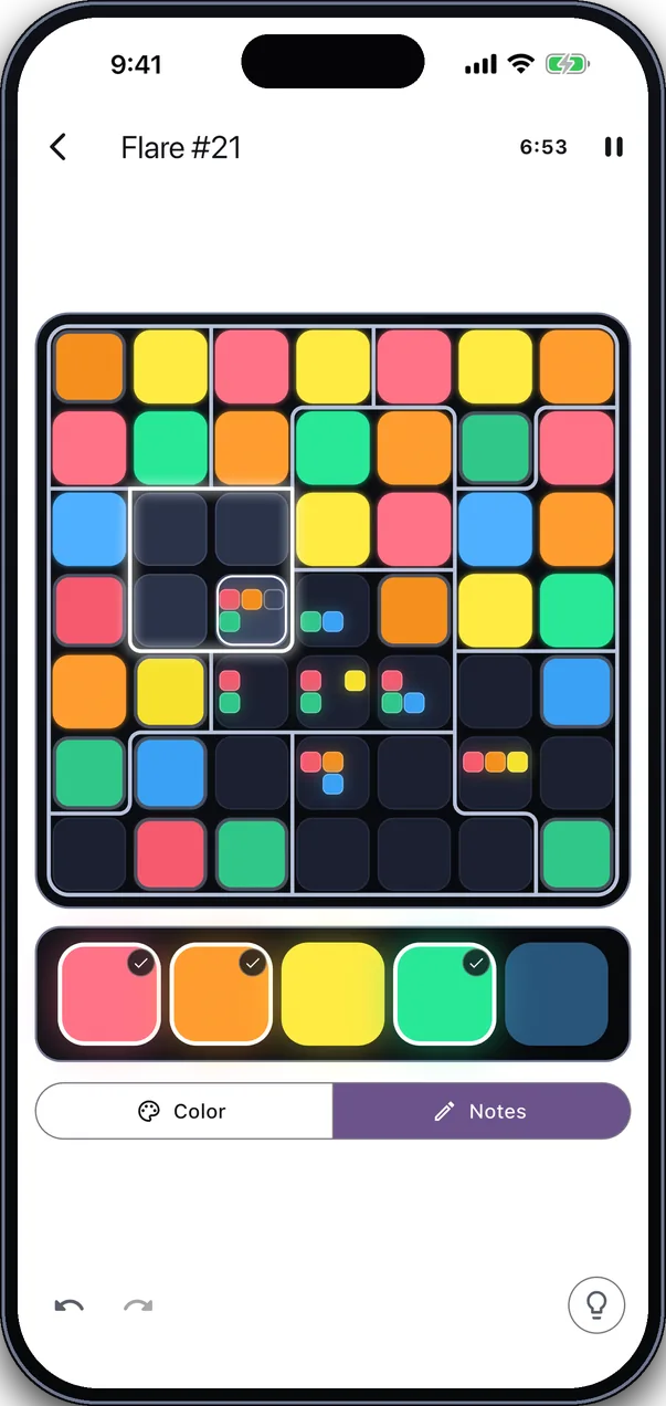 A puzzle in Notes mode with colored notes pencilled into an empty pane